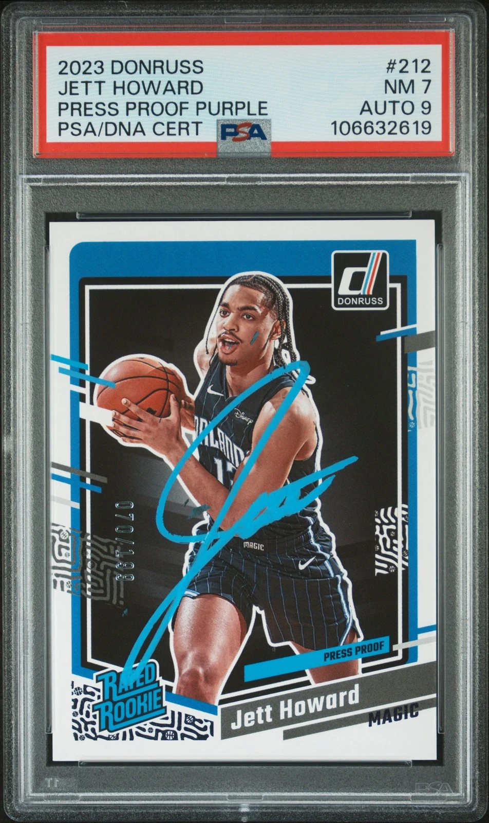 2023 Panini #212 Jett Howard Press Proof Purple 70/199 signed Card PSA 7 AUTO 10