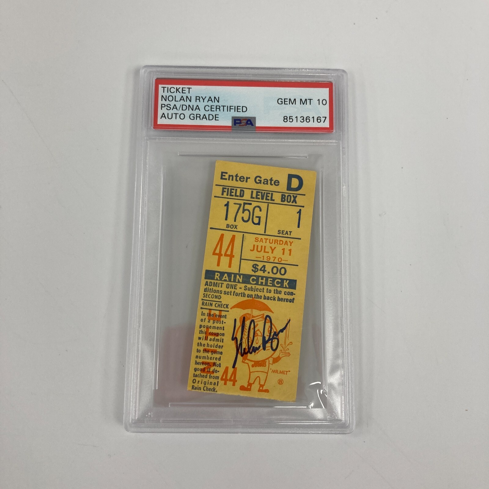 Nolan Ryan Signed 1970 New York Mets Ticket PSA DNA 10 GEM MINT 7-11-1970