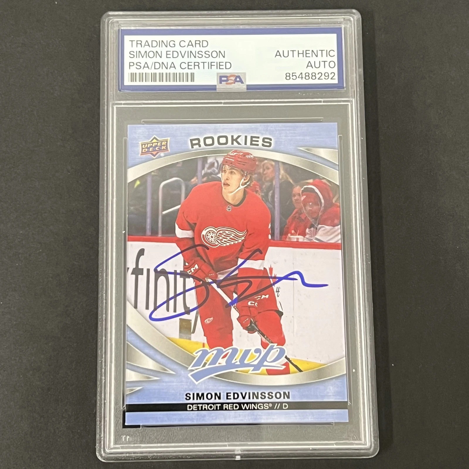 2023 Upper Deck MVP Hockey #247 Simon Edvinsson signed card PSA Red Wings RC