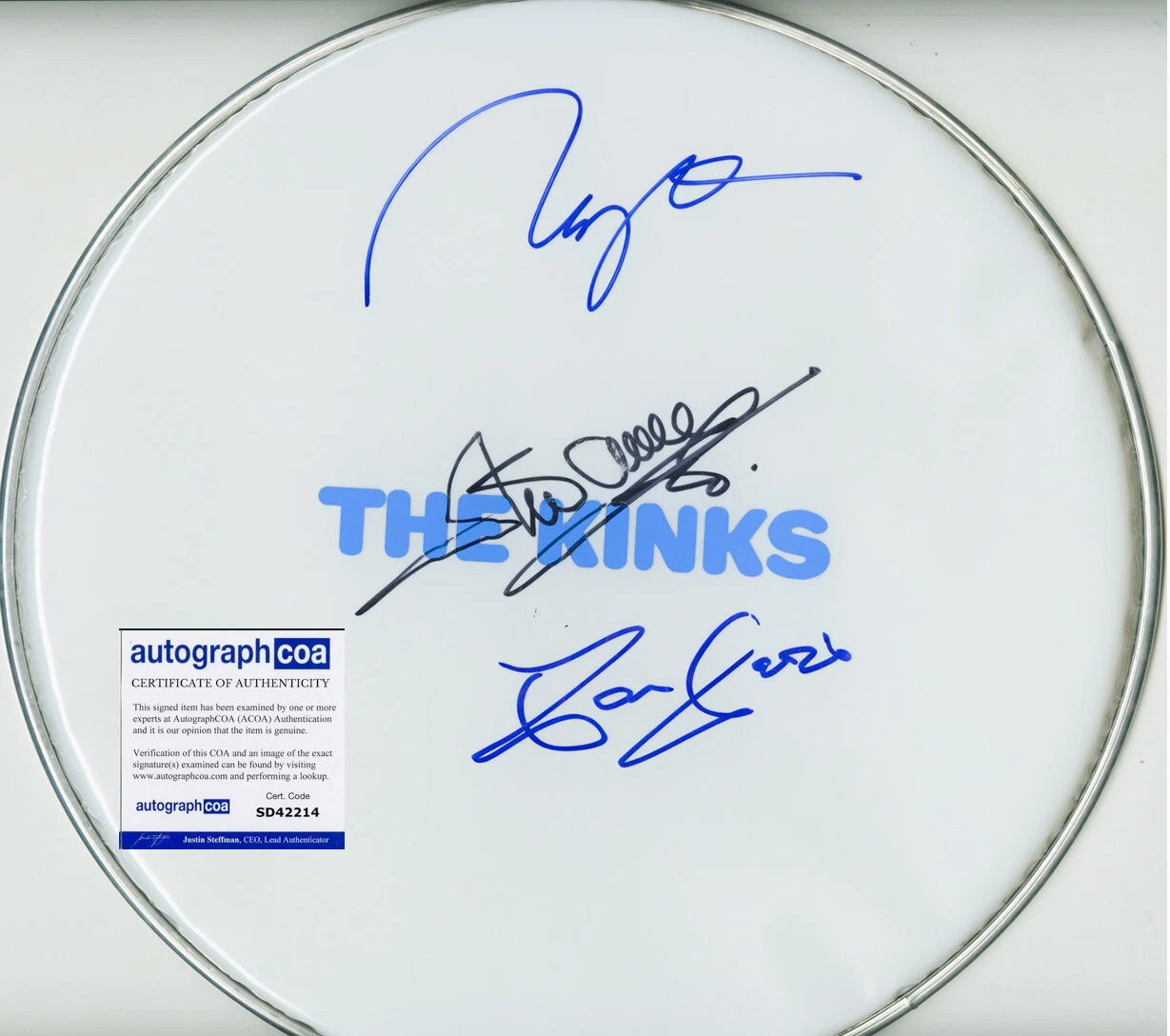 THE KINKS RAY & DAVE DAVIES + MICK SIGNED DRUMHEAD ACOA COLLECTIBLE MEMORABILIA