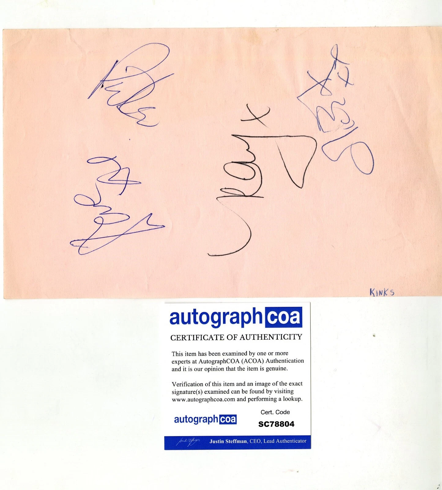The KINKS Ray & Dave Davies, Pete Quaife and Mick SIGNED page ACOA