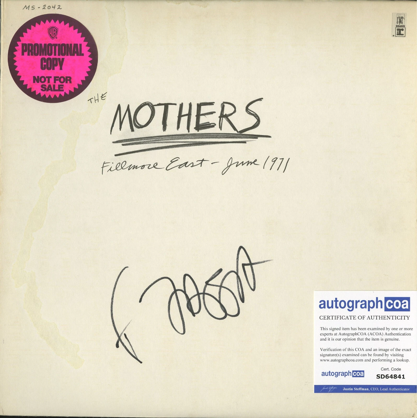 Frank Zappa SIGNED Vinyl Record Promo ACOA Mothers, Fillmore East June 1971