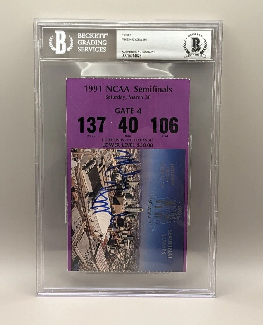 DUKE COACK K MIKE KRZYZEWSKI signed auto 1991 FINAL FOUR TICKET BECKETT (BAS)