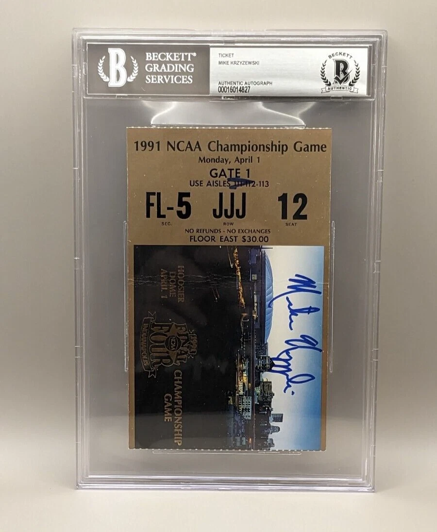 DUKE COACH K MIKE KRZYZEWSKI signed 1991 FINAL FOUR CHAMPIONSHIP TICKET BECKETT