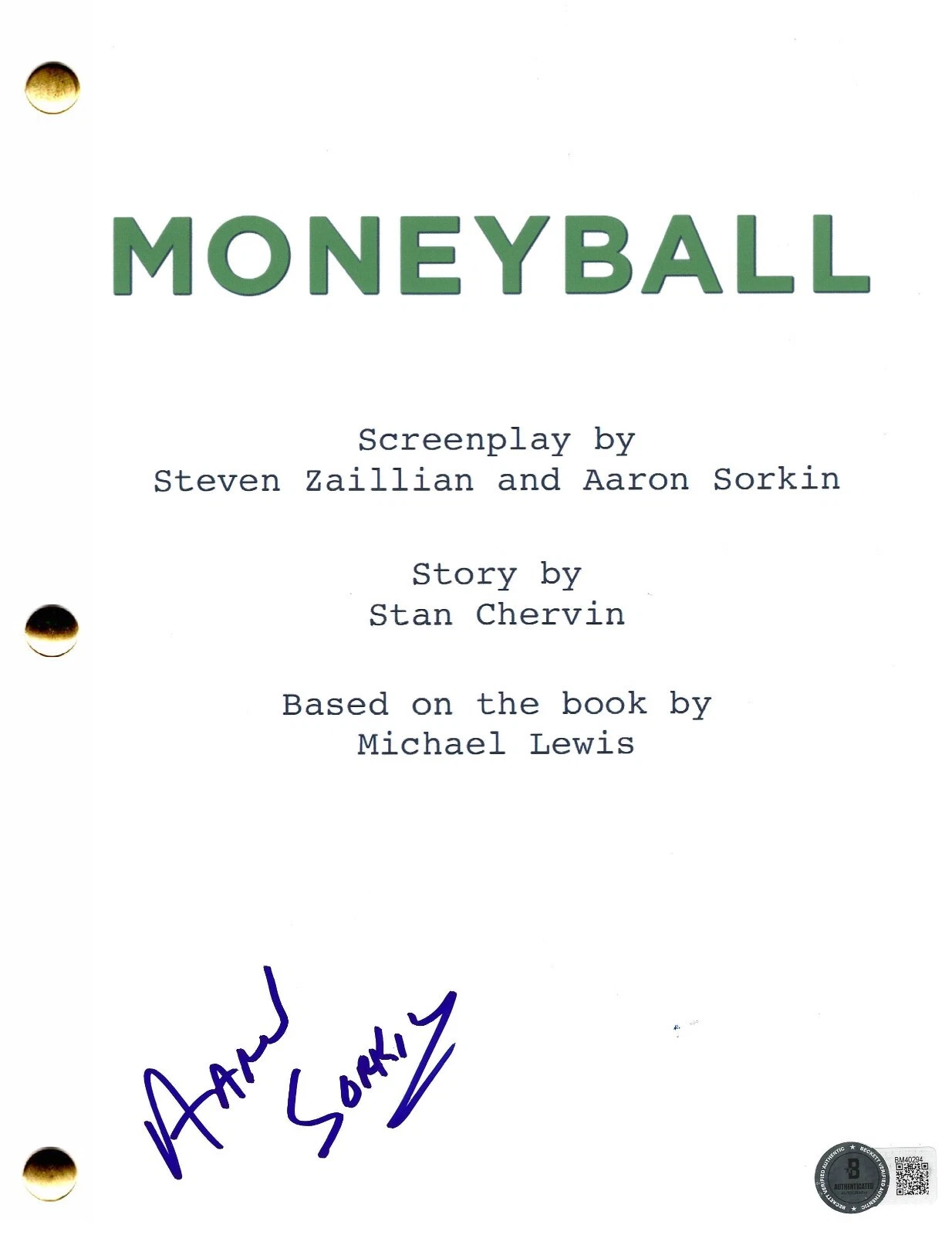 Aaron Sorkin Signed Moneyball Script Authentic Autograph Beckett