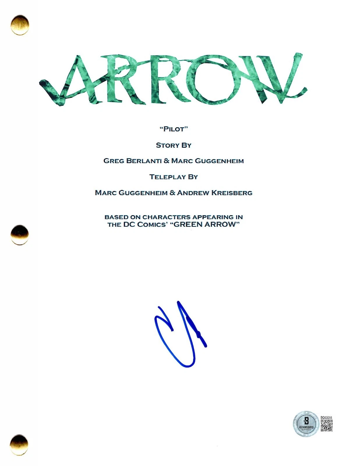 Colton Haynes Signed Arrow Pilot Script Authentic Autograph Beckett