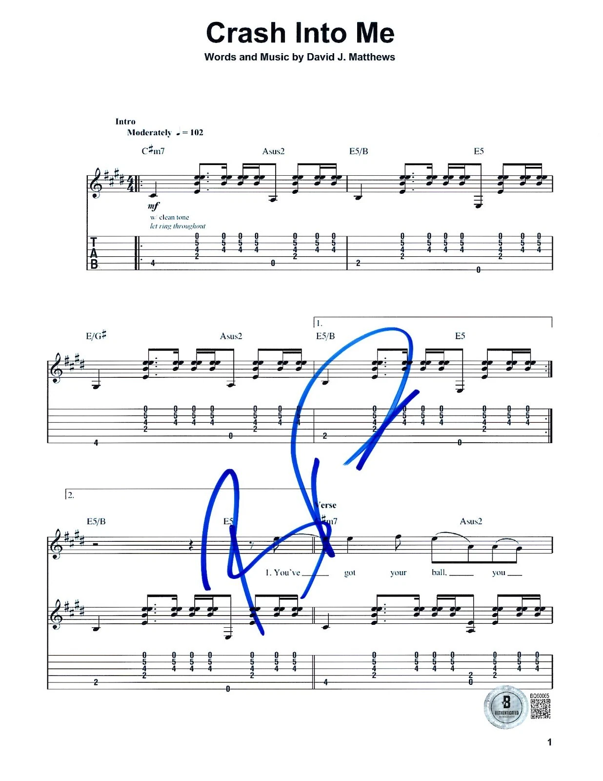 Boyd Tinsley Signed Crash into Me Sheet Music Dave Matthews Band Auto Beckett