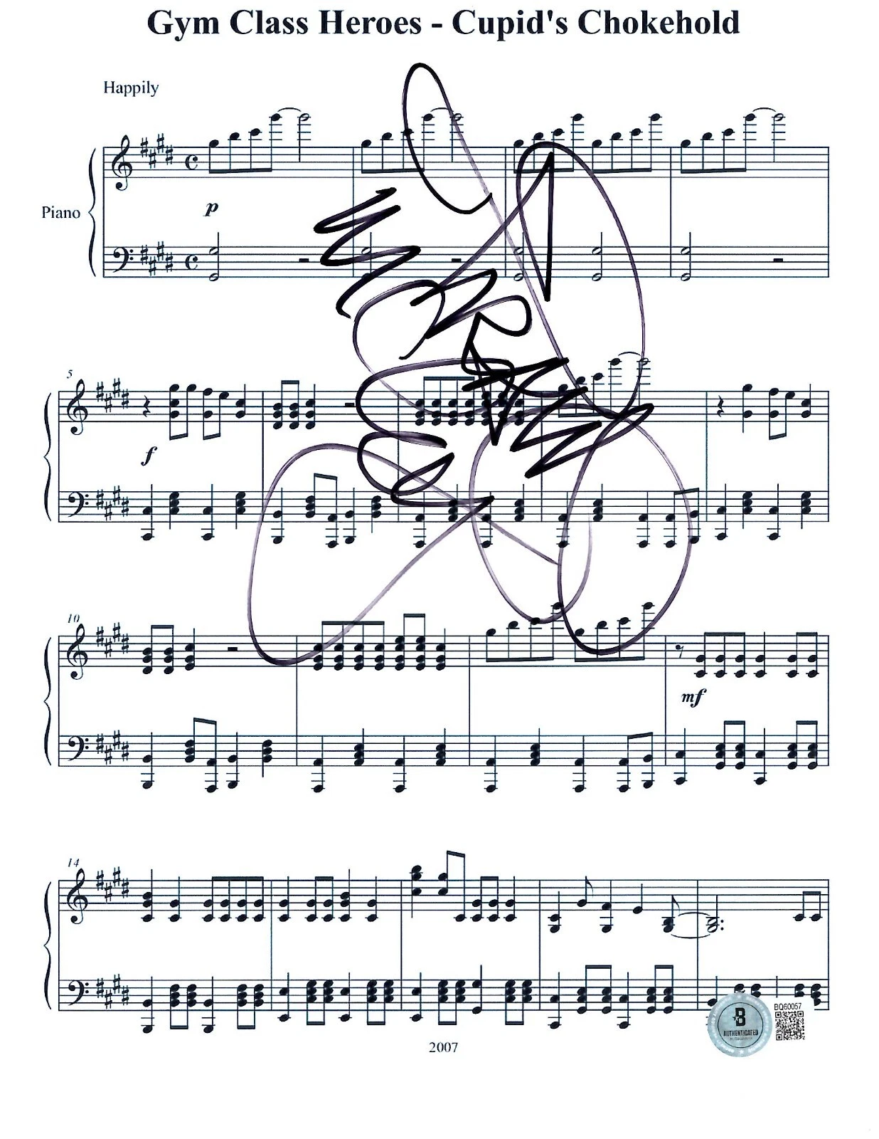 Travie McCoy Signed Cupid's Chokehold Sheet Music Gym Class Heroes Beckett