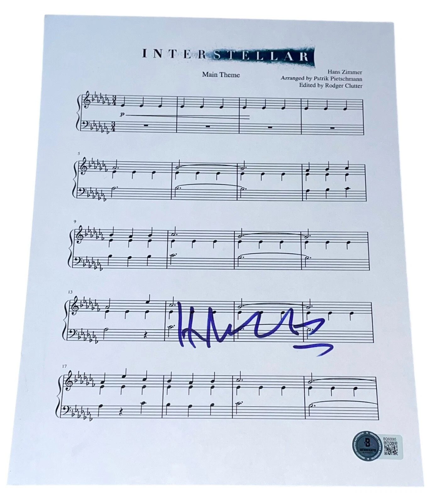 Hans Zimmer Signed Autograph Sheet Music Interstellar Main Theme Beckett BAS NYC