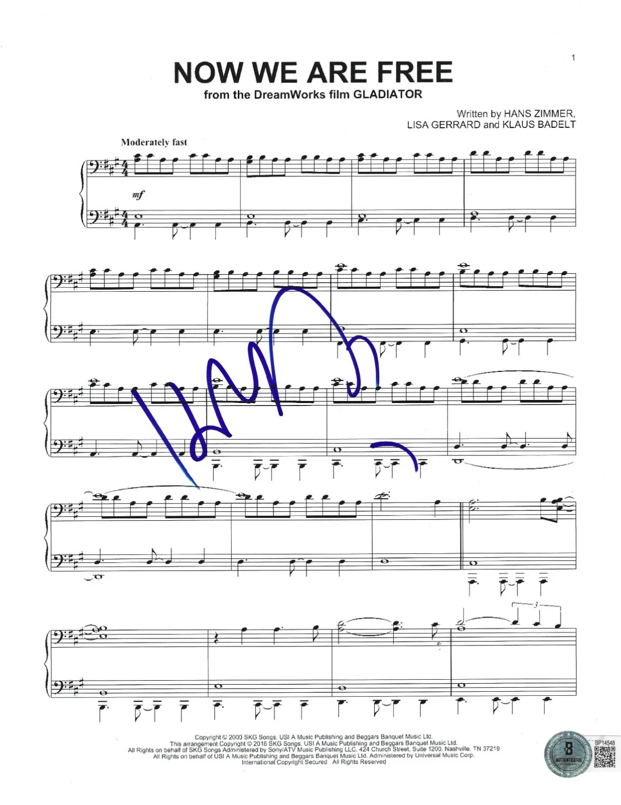 Hans Zimmer Signed Sheet Music Gladiator Now We Are Free Autograph Beckett