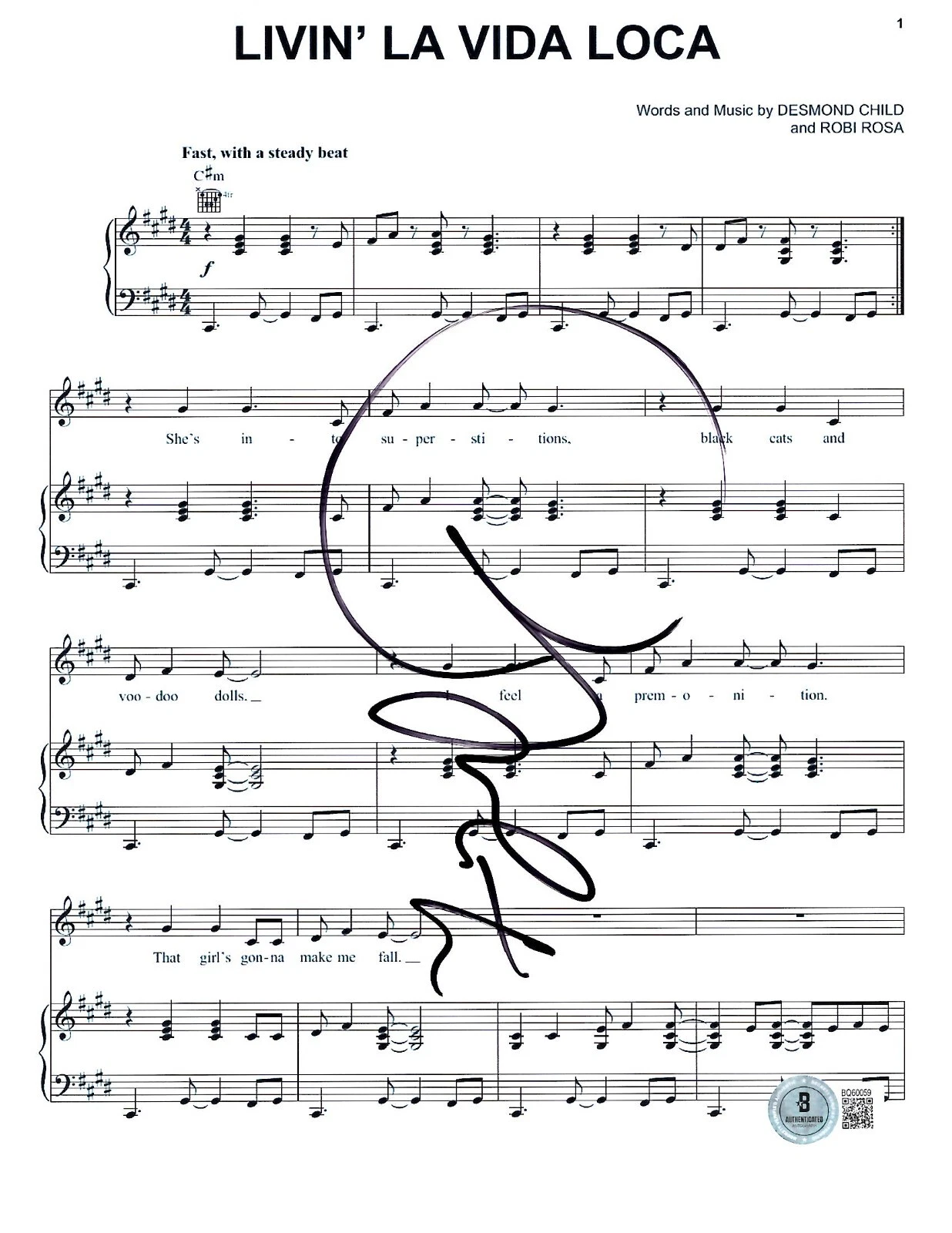 Ricky Martin Signed Livin' La Vida Loca Sheet Music Authentic Autograph Beckett