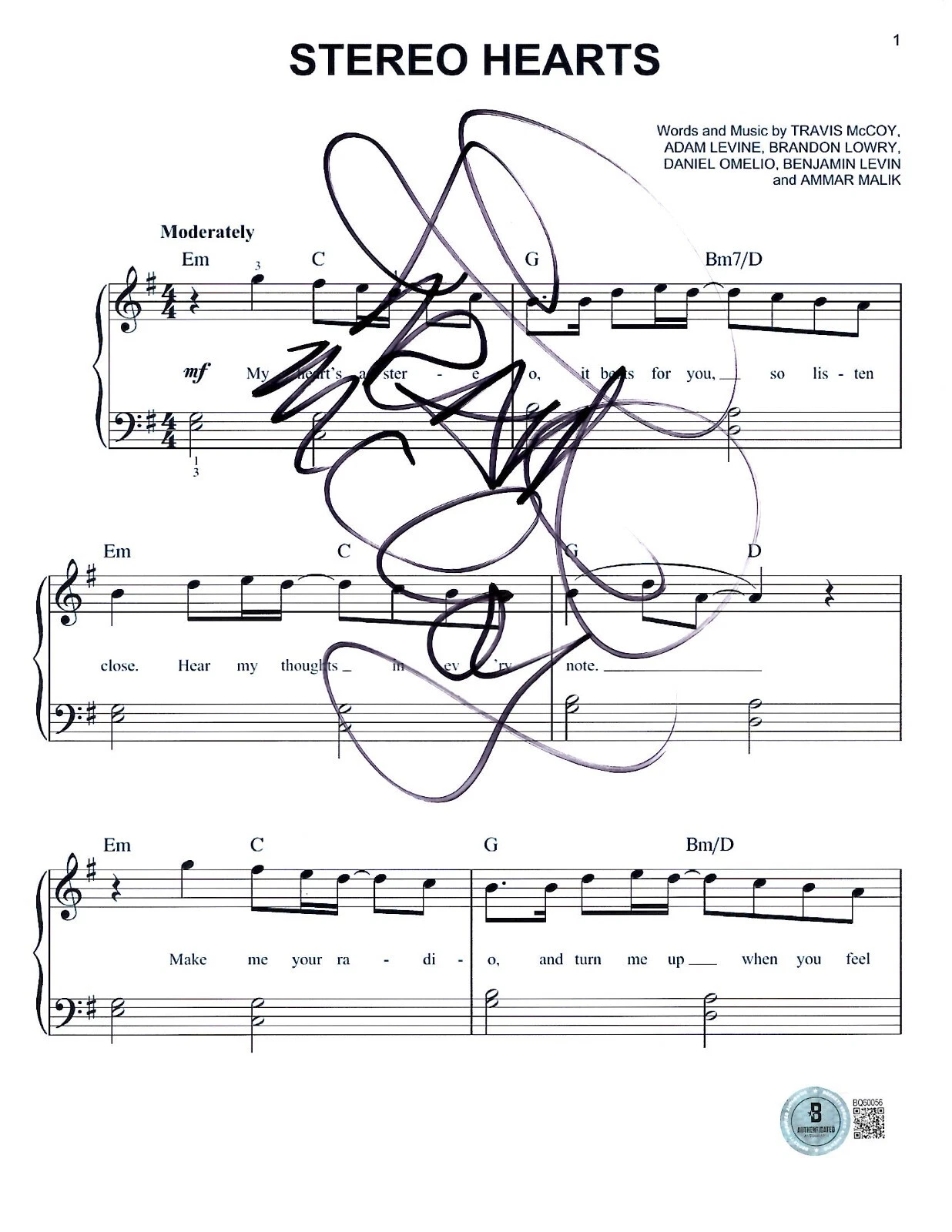 Travie McCoy Signed Stereo Hearts Sheet Music Gym Class Heroes Autograph Beckett