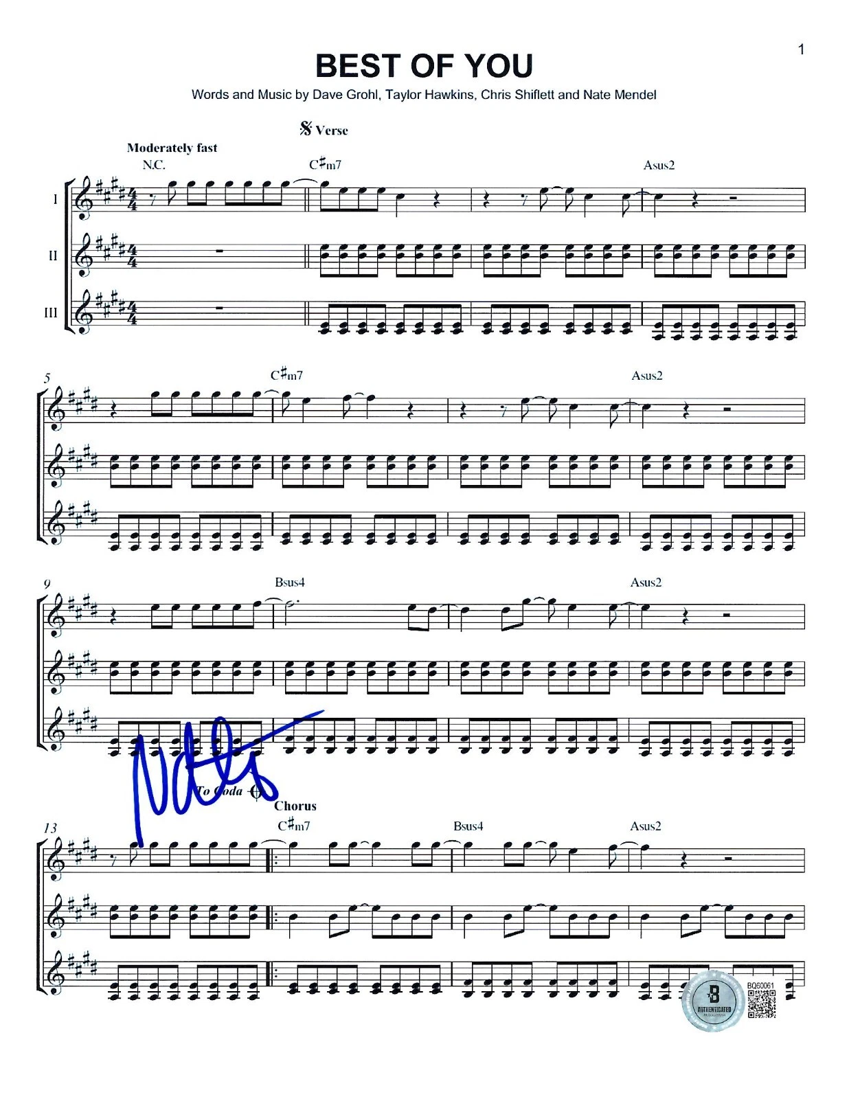 Nate Mendel Signed Best of You Sheet Music Foo Fighters Autograph Beckett