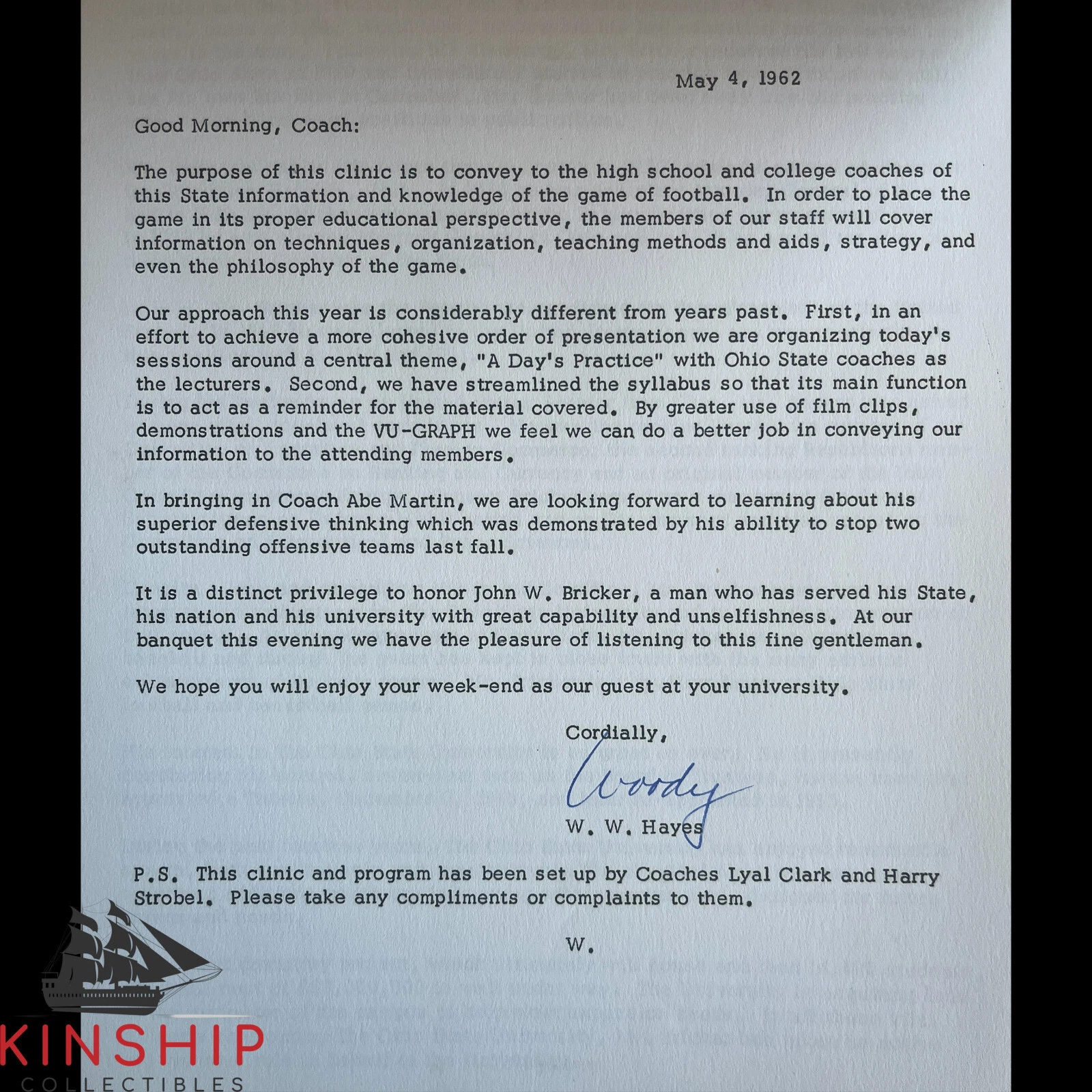 WOODY HAYES SIGNED OHIO STATE FOOTBALL CLINIC PROGRAM JSA LOA RARE AUTO Z355 COLLECTIBLE MEMORABILIA