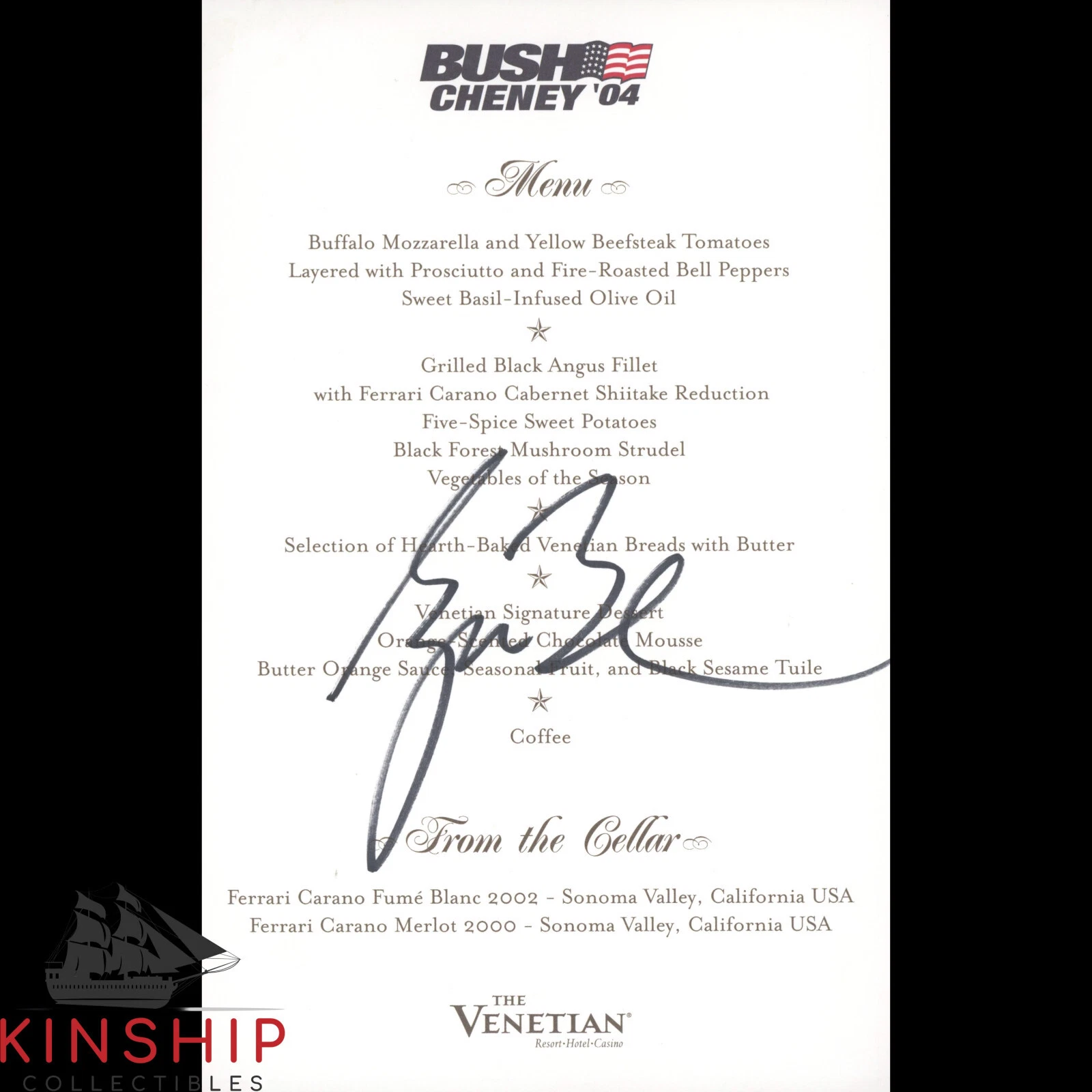 President George W Bush Menu signed JSA COA Campaign Item Bold Auto Z2013
