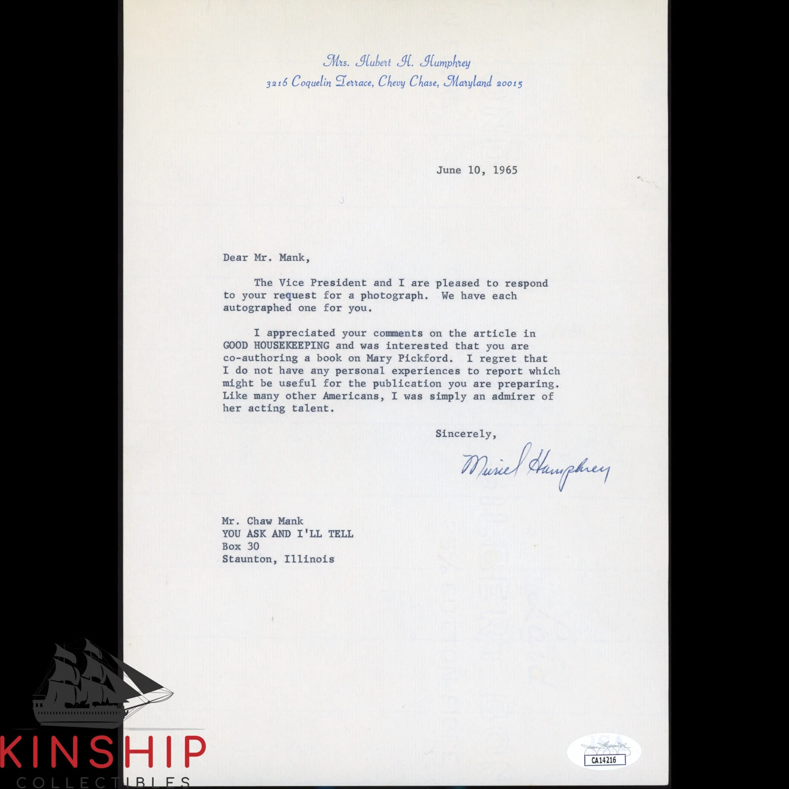 Muriel Humphrey signed Letter JSA COA Vice President Hubert Humphrey Wife Z2001