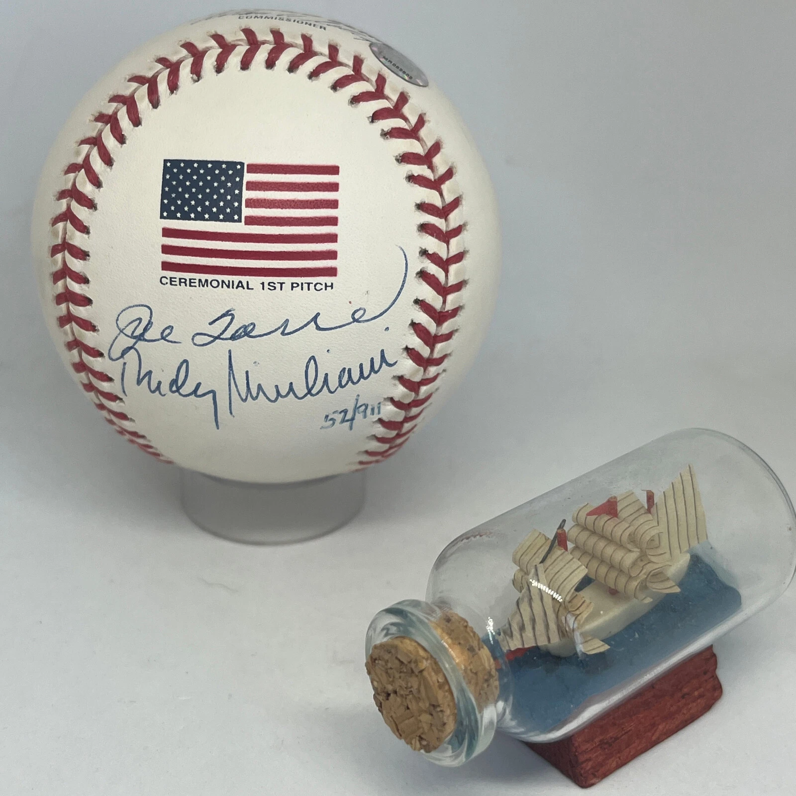 Joe Torre & Rudy Giuliani signed 2001 World Series 1st Pitch Logo Baseball A3548