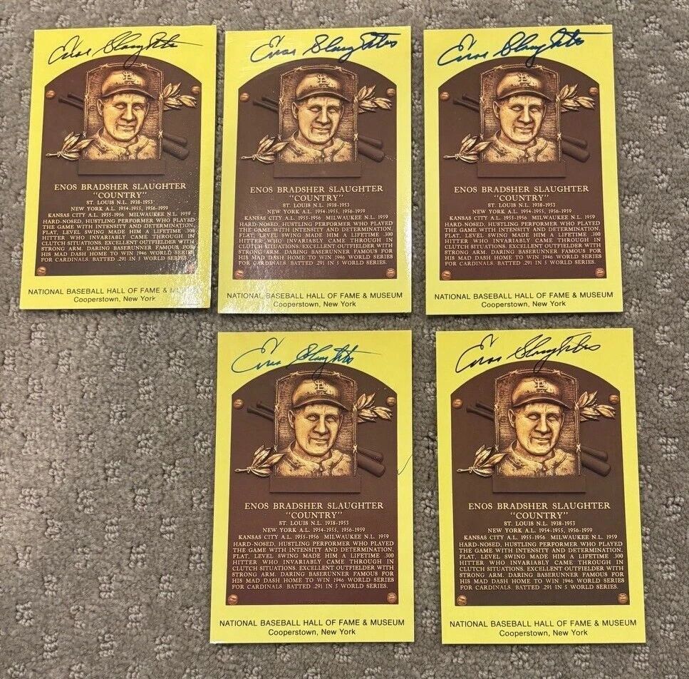 Enos Slaughter signed autographed Hall of Fame Postcard Plaque Lot (5)