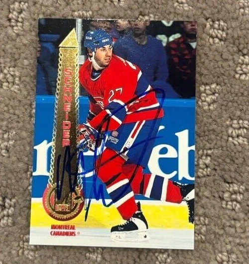 1994-95 Pinnacle Canadiens Hockey Card #56 Mathieu Schneider signed autographed