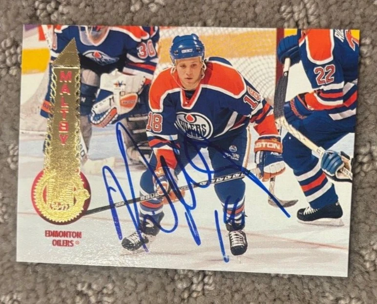 1994-95 Pinnacle Oilers Hockey Card #441 Kirk Maltby signed autographed card