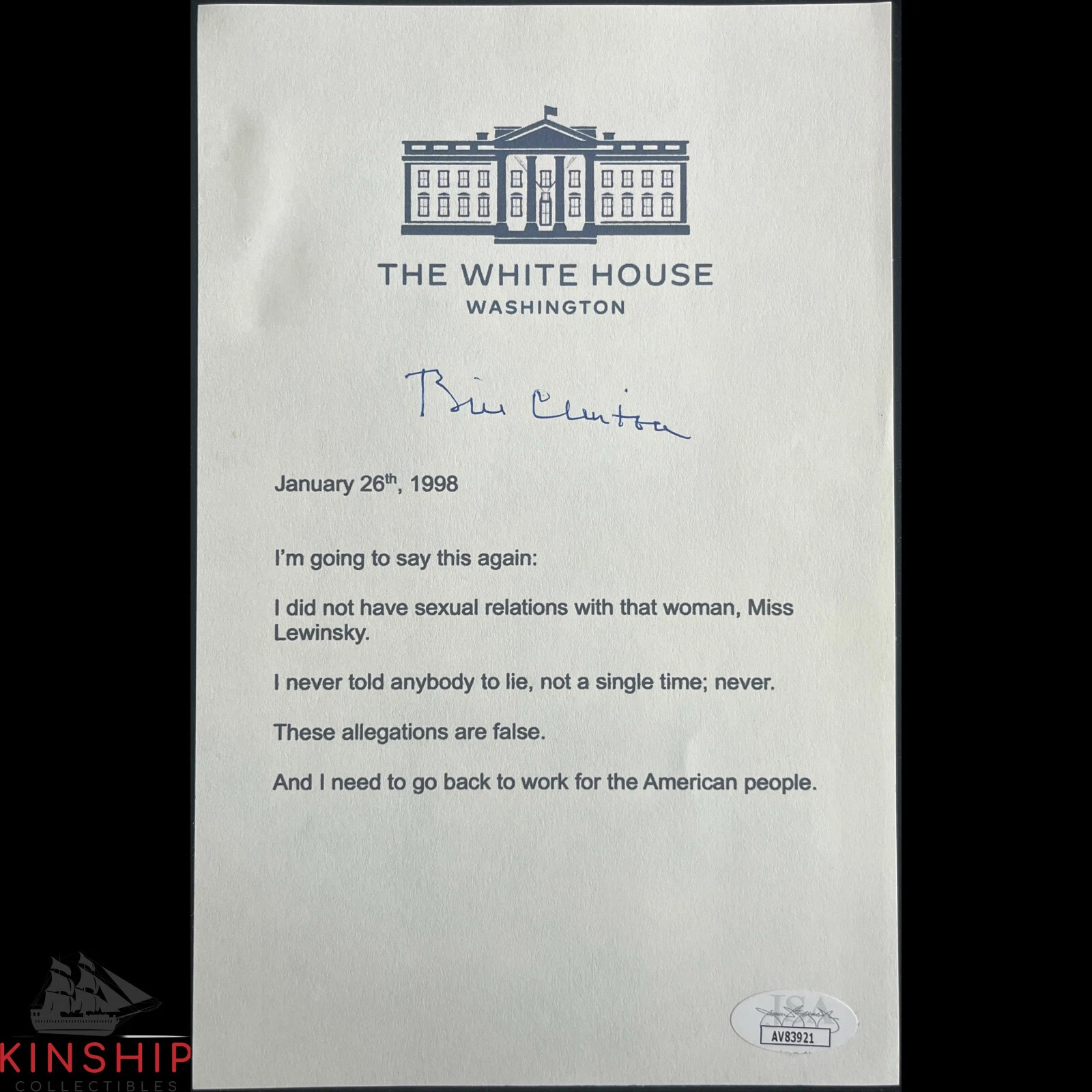 President Bill Clinton signed Sexual Relations Mock Print JSA COA Auto Z2096
