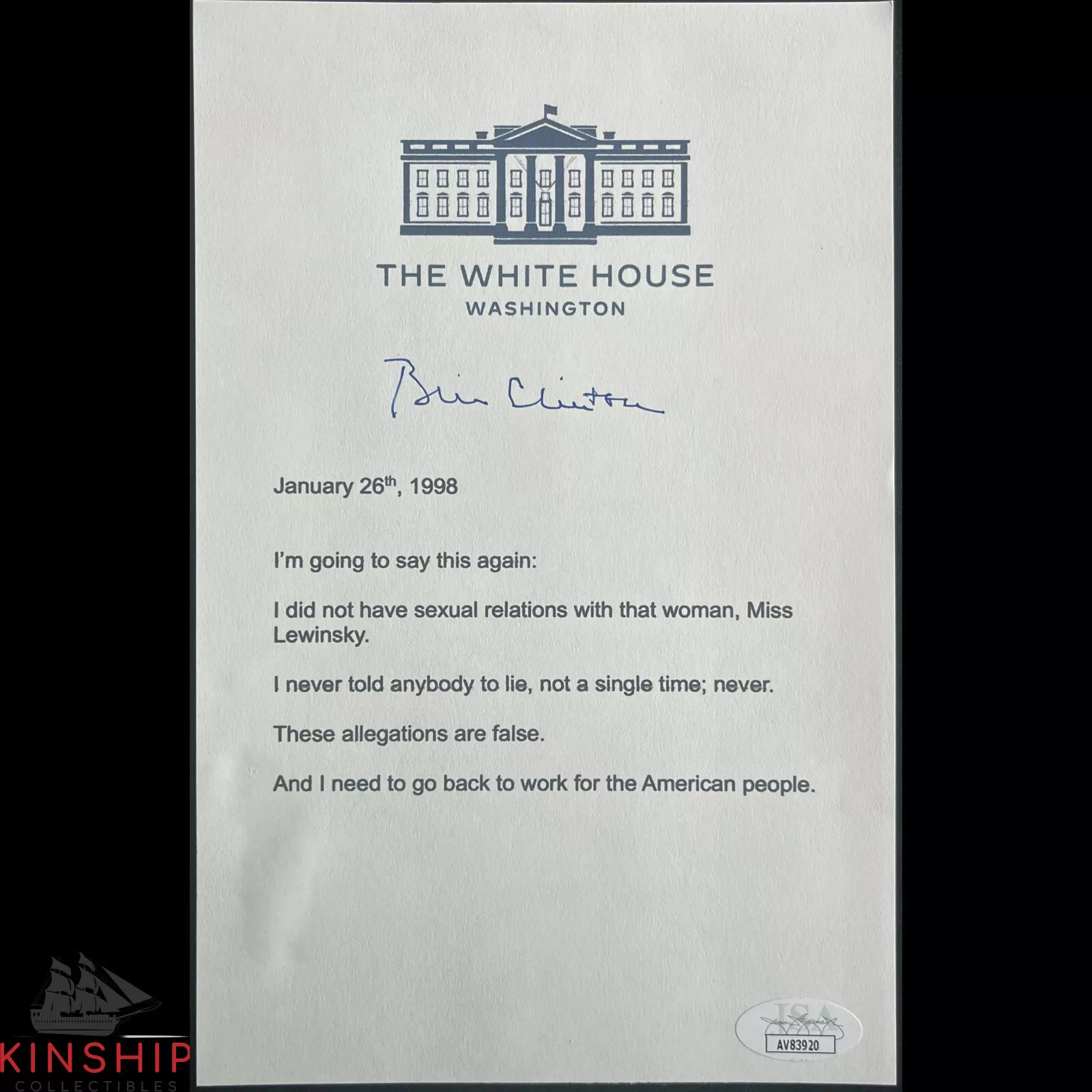 President Bill Clinton signed Sexual Relations Mock Print JSA COA Auto Z2097