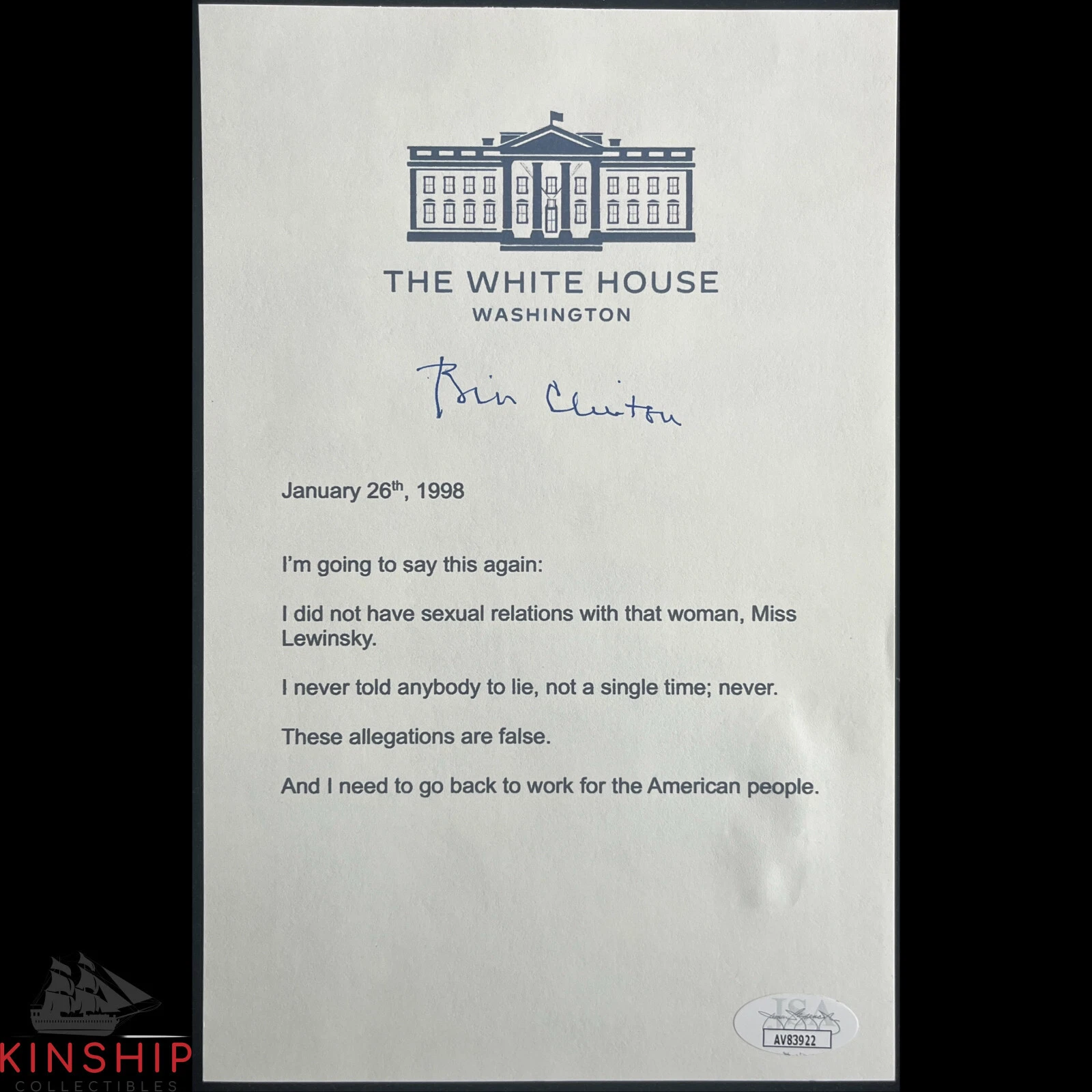 President Bill Clinton signed Sexual Relations Mock Print JSA COA Auto Z2098