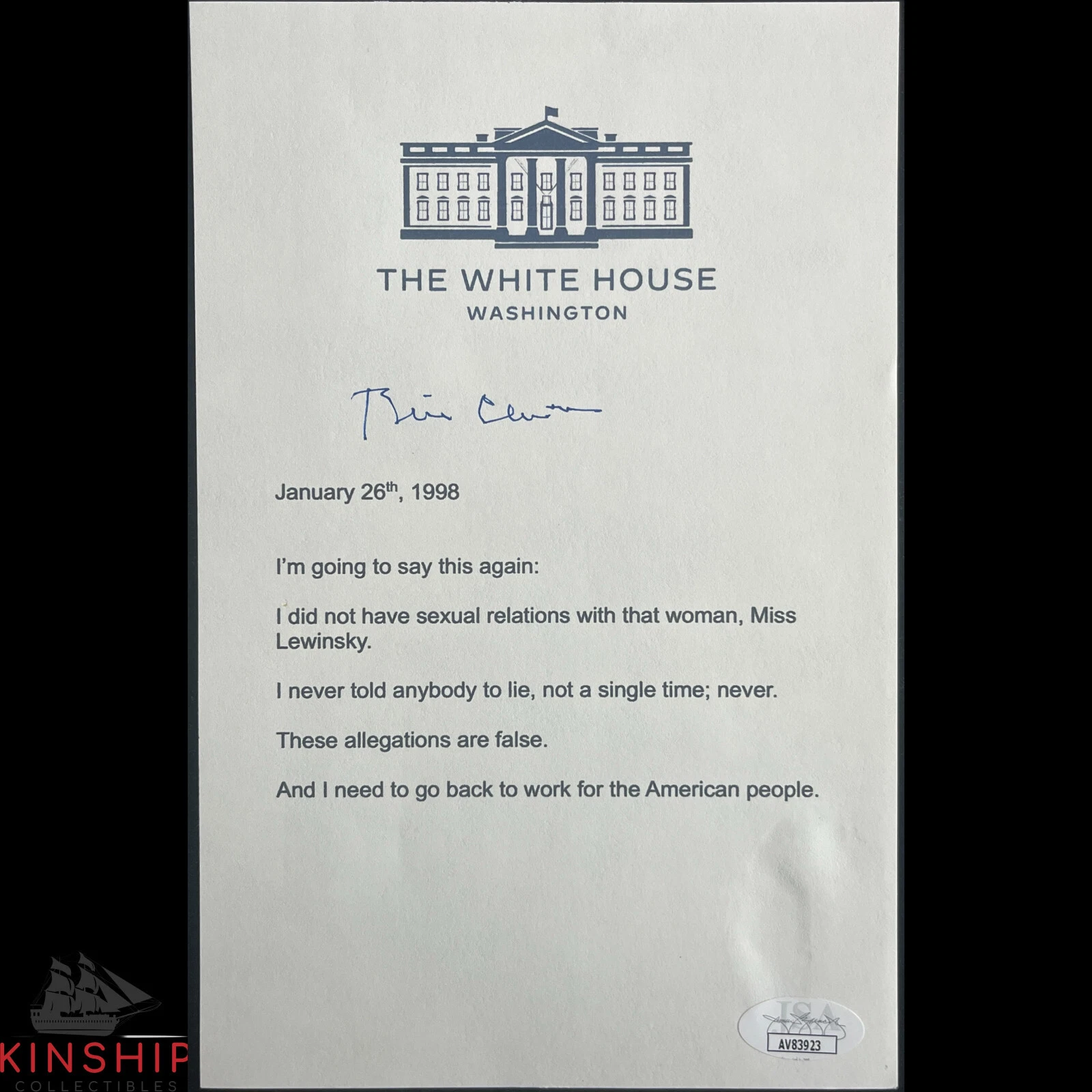 President Bill Clinton signed Sexual Relations Mock Print JSA COA Auto Z2099