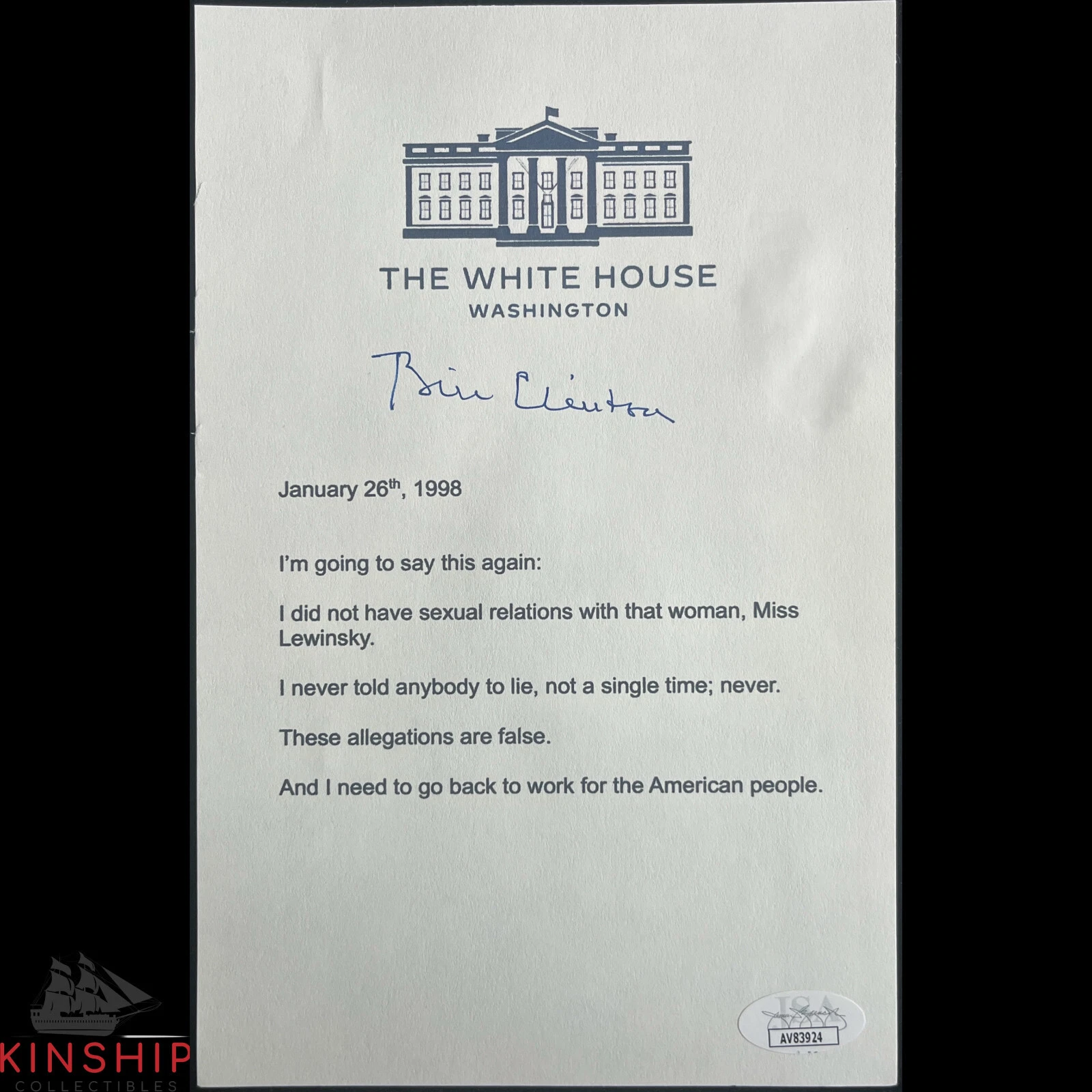 President Bill Clinton signed Sexual Relations Mock Print JSA COA Auto Z2100