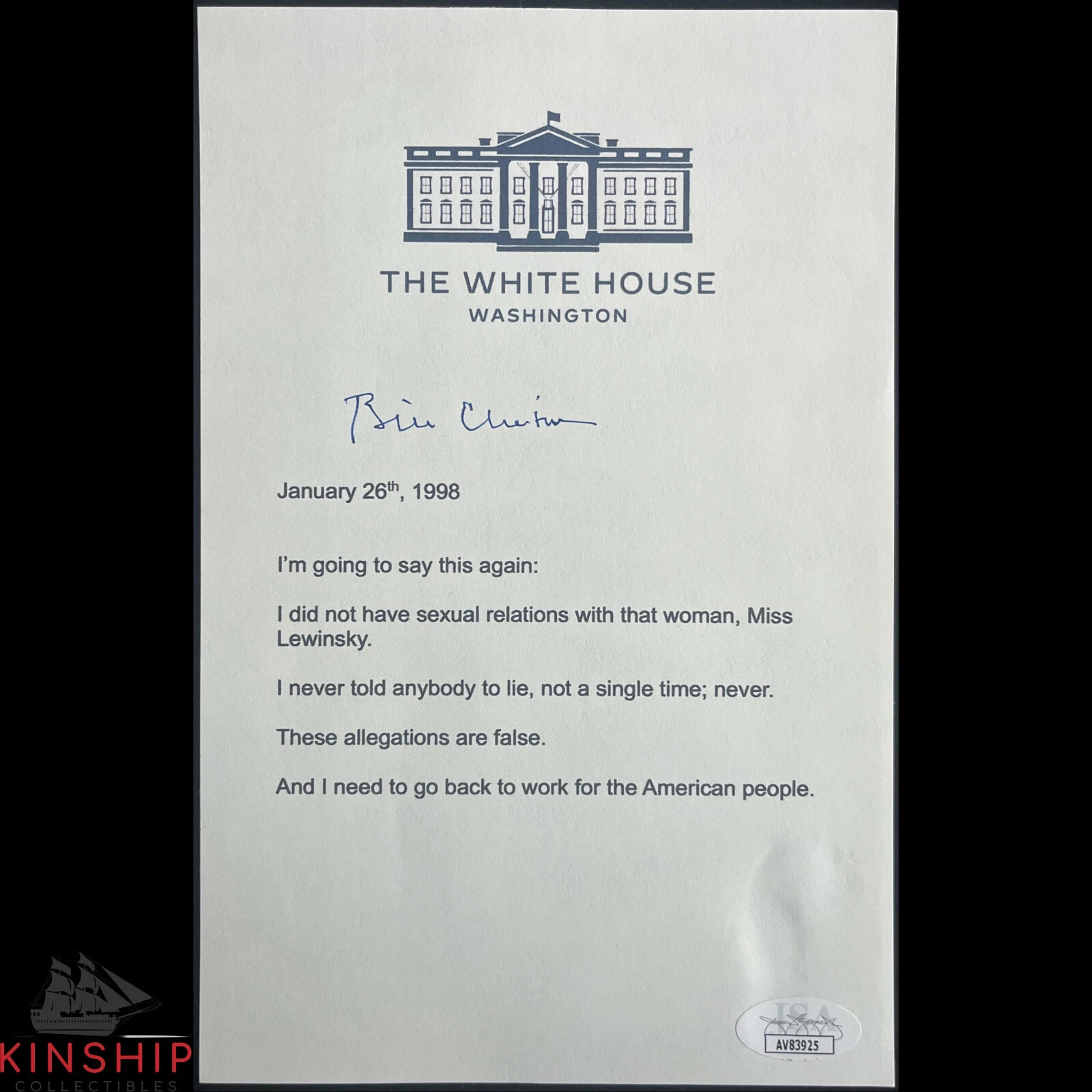 President Bill Clinton signed Sexual Relations Mock Print JSA COA Auto Z2101