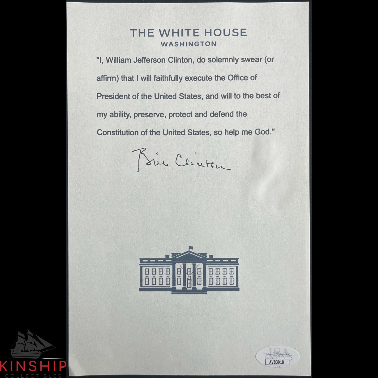 President Bill Clinton signed Oath of Office Mock Print JSA COA Auto Z2102