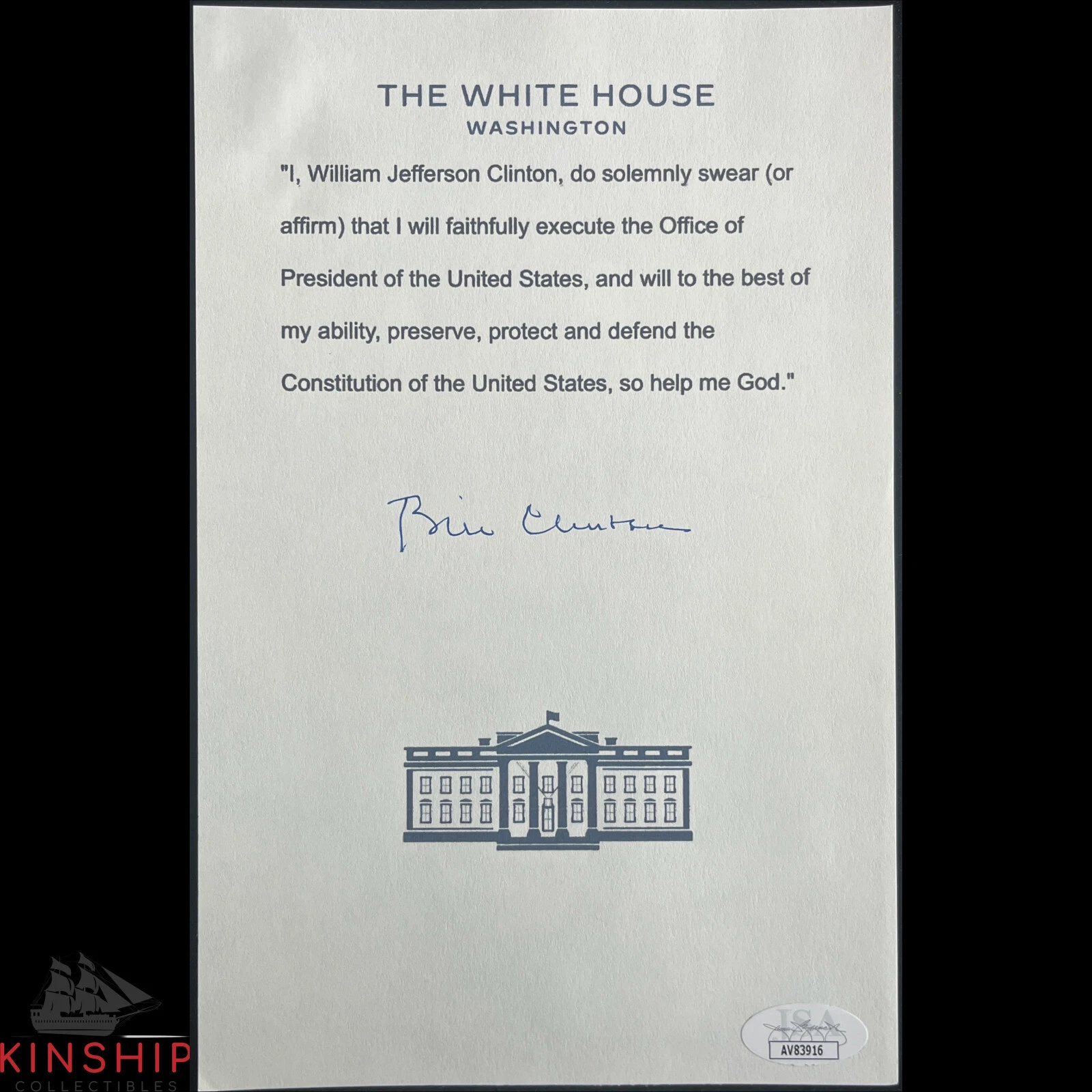 President Bill Clinton signed Oath of Office Mock Print JSA COA Auto Z2104