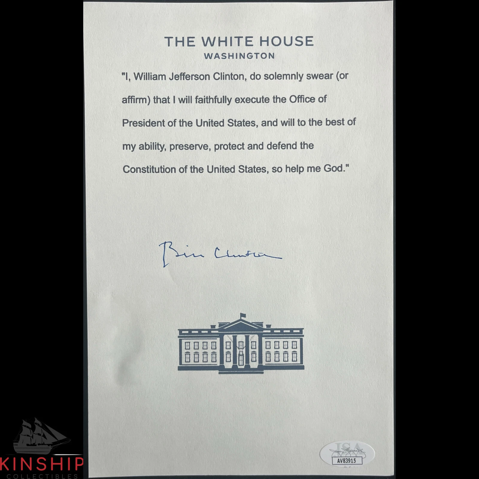 President Bill Clinton signed Oath of Office Mock Print JSA COA Auto Z2106