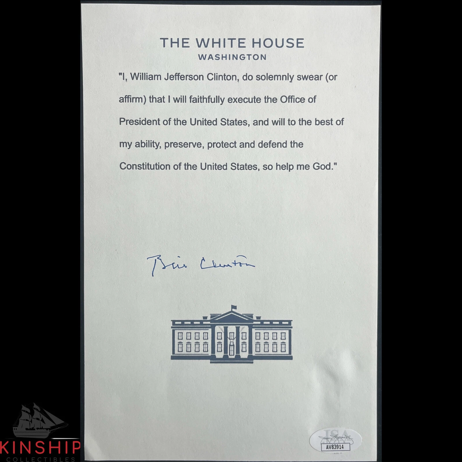President Bill Clinton signed Oath of Office Mock Print JSA COA Auto Z2107