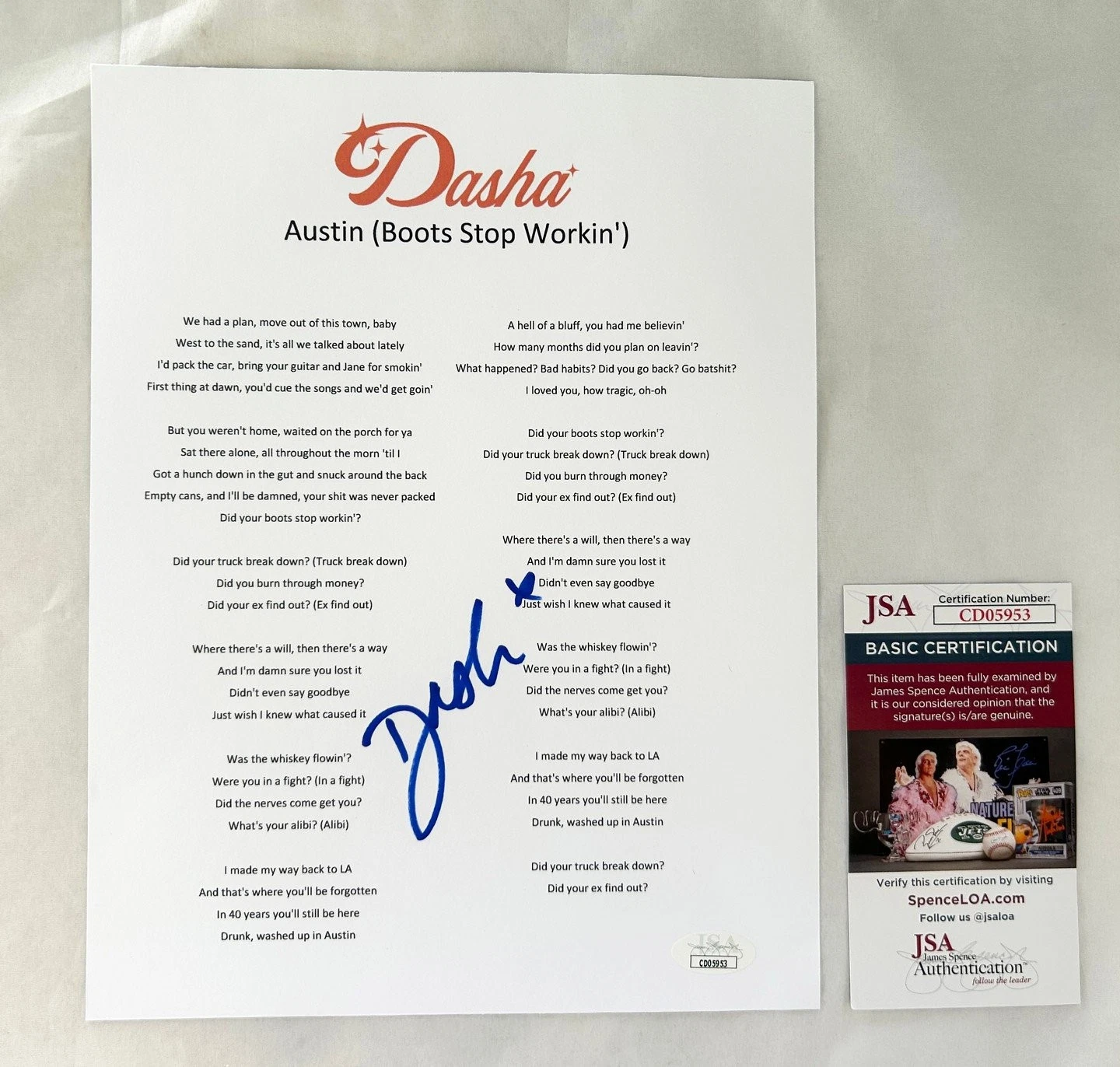 Dasha Signed Lyric Sheet JSA 1 COA