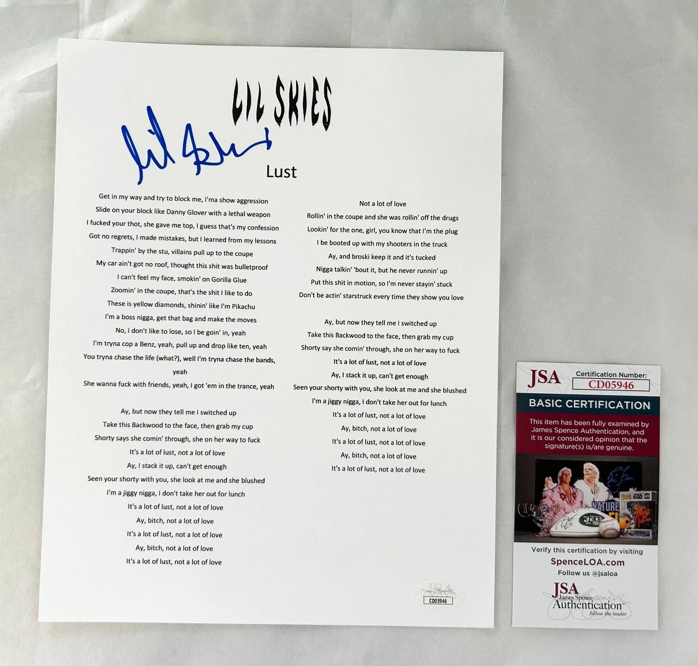 Lil Skies Signed Lyric Sheet JSA 1 COA