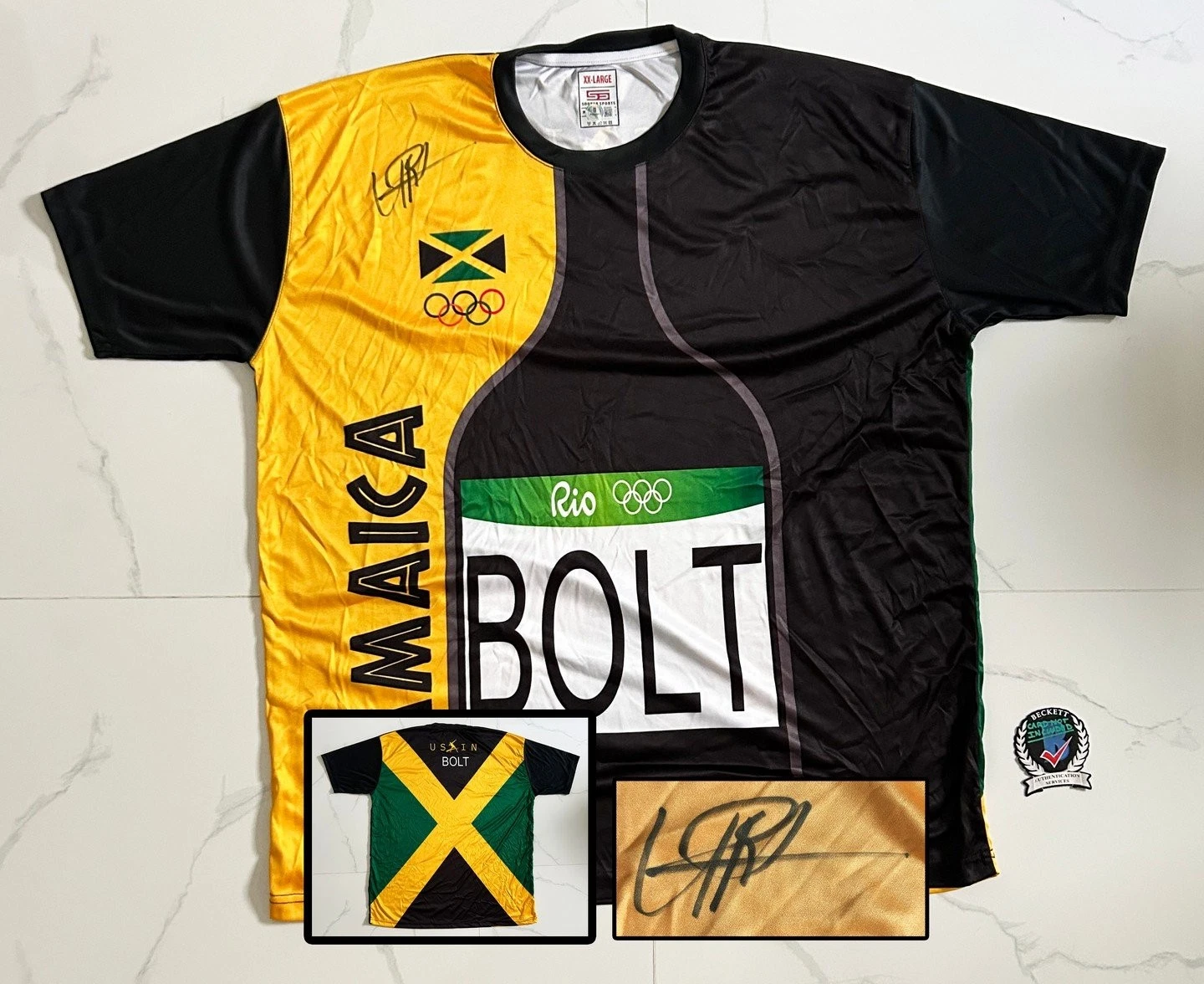 USAIN BOLT SIGNED JERSEY 2016 RIO OLYMPICS FASTEST MAN ALIVE BECKETT BAS 1 COA COLLECTIBLE MEMORABILIA