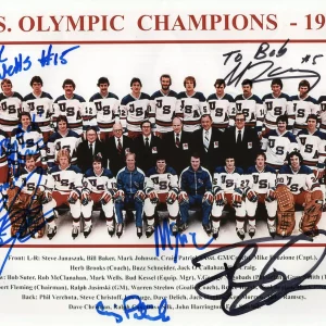1980 OLYMPIC HOCKEY HAND SIGNED 8x10 COLOR PHOTO+COA SIGNED BY 7 TO BOB