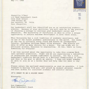 1988 University of California Shaquille O'Neal Recruitment Letter