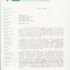 1988 University of Hawaii Shaquille O'Neal Recruitment Letter