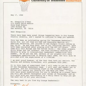 1988 University of Tennessee Shaquille O'Neal Recruitment Letter