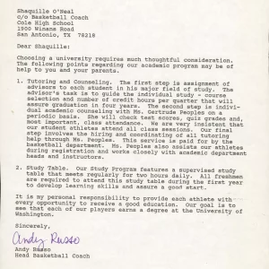 1988 University of Washington Shaquille O'Neal Recruitment Letter