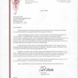 1988 Washington State University Shaquille O'Neal Recruitment Letter