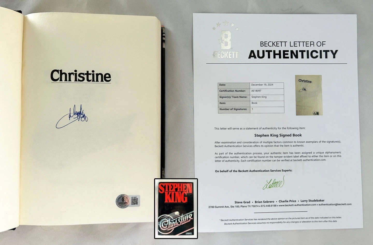 STEPHEN KING CLINTON SIGNED BOOK CHRISTINE FIRST EDITION BECKETT BAS COA COLLECTIBLE MEMORABILIA