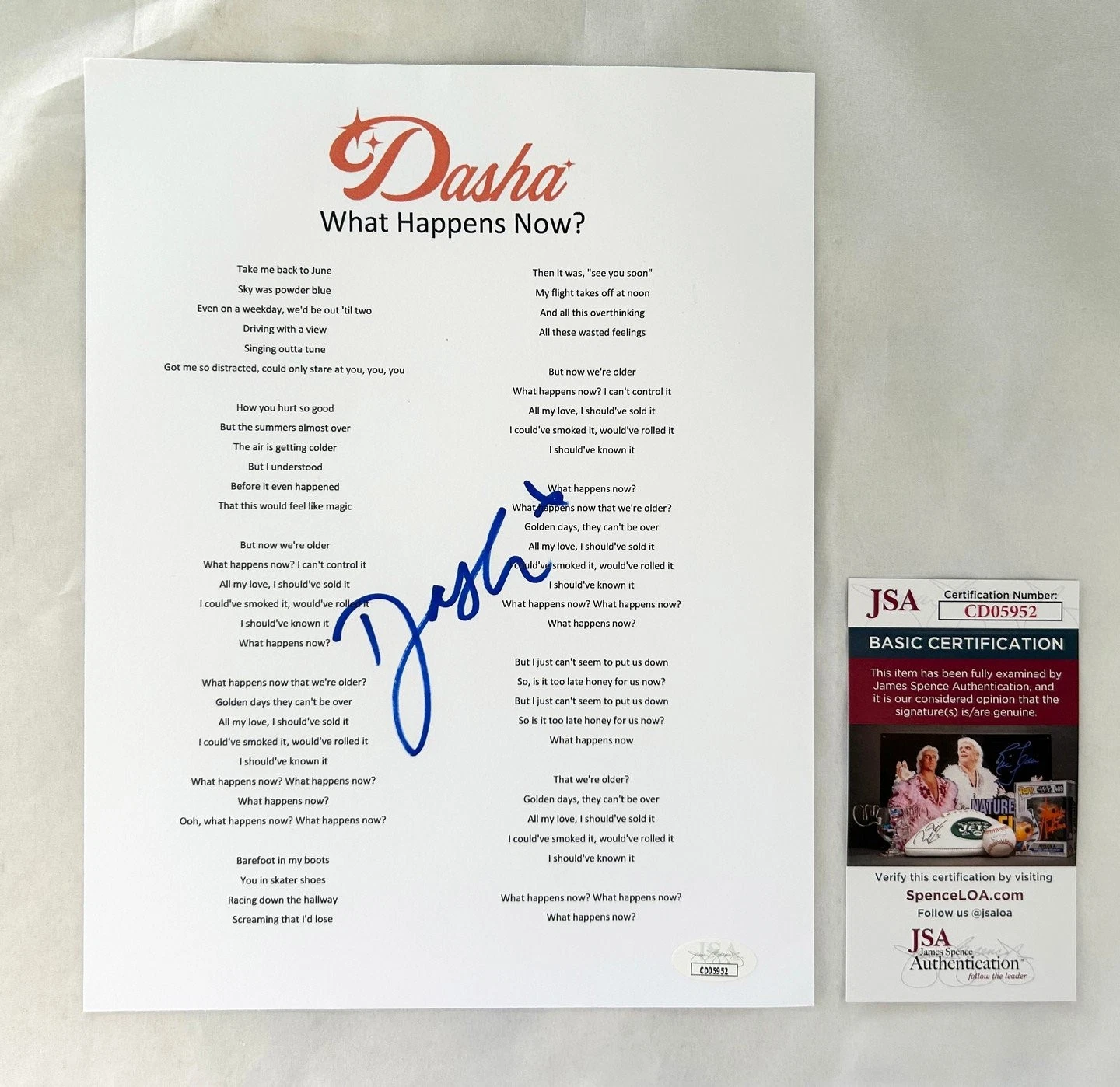 Dasha Signed Lyric Sheet JSA COA