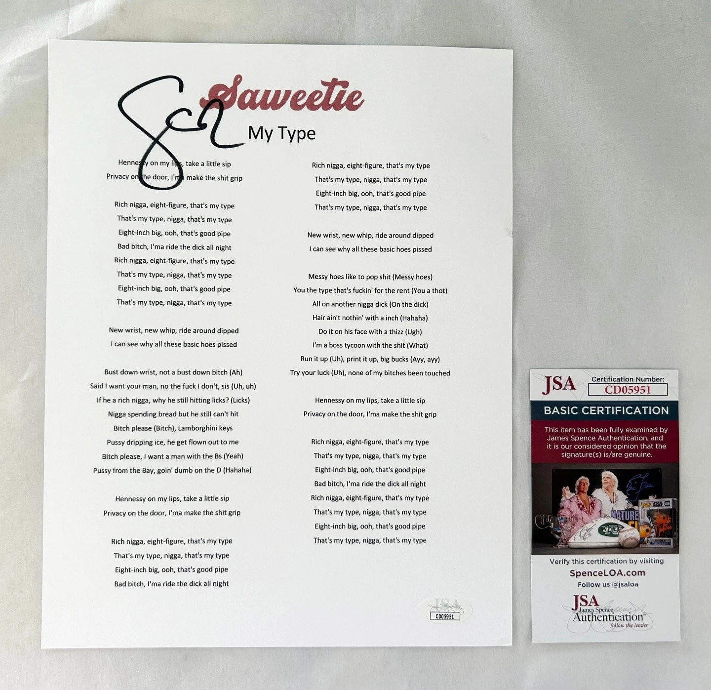 Saweetie Signed Lyric Sheet JSA COA