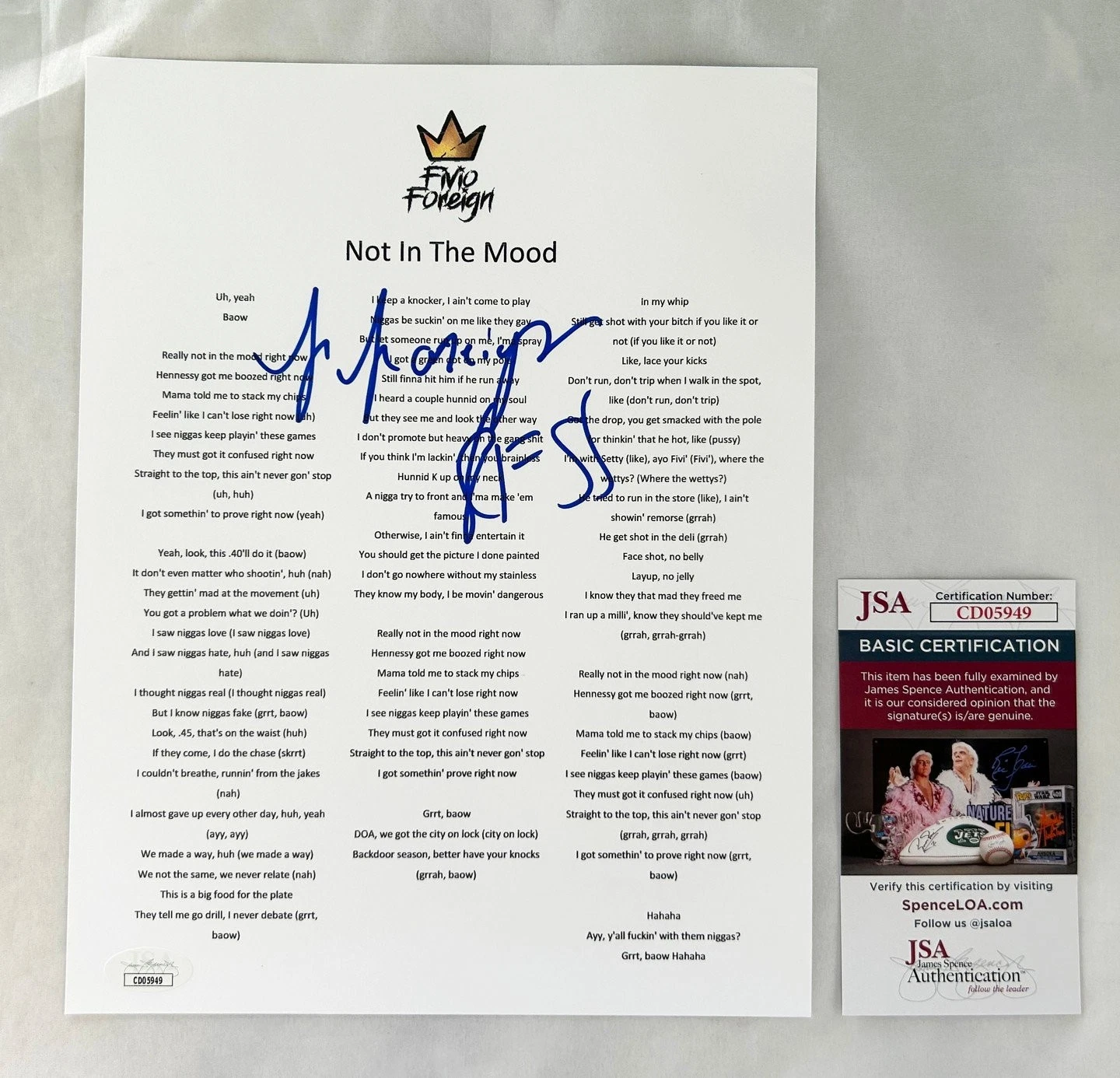 Fivio Foreign Signed Lyric Sheet JSA COA
