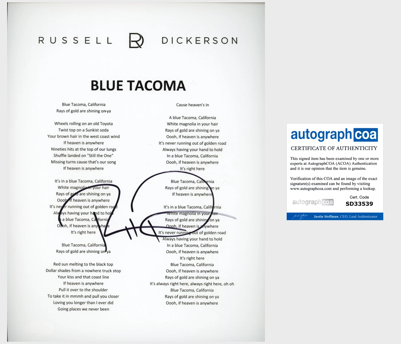 RUSSELL DICKERSON SIGNED AUTOGRAPH BLUE TACOMA LYRICS SHEET w/PROOF & ACOA COA