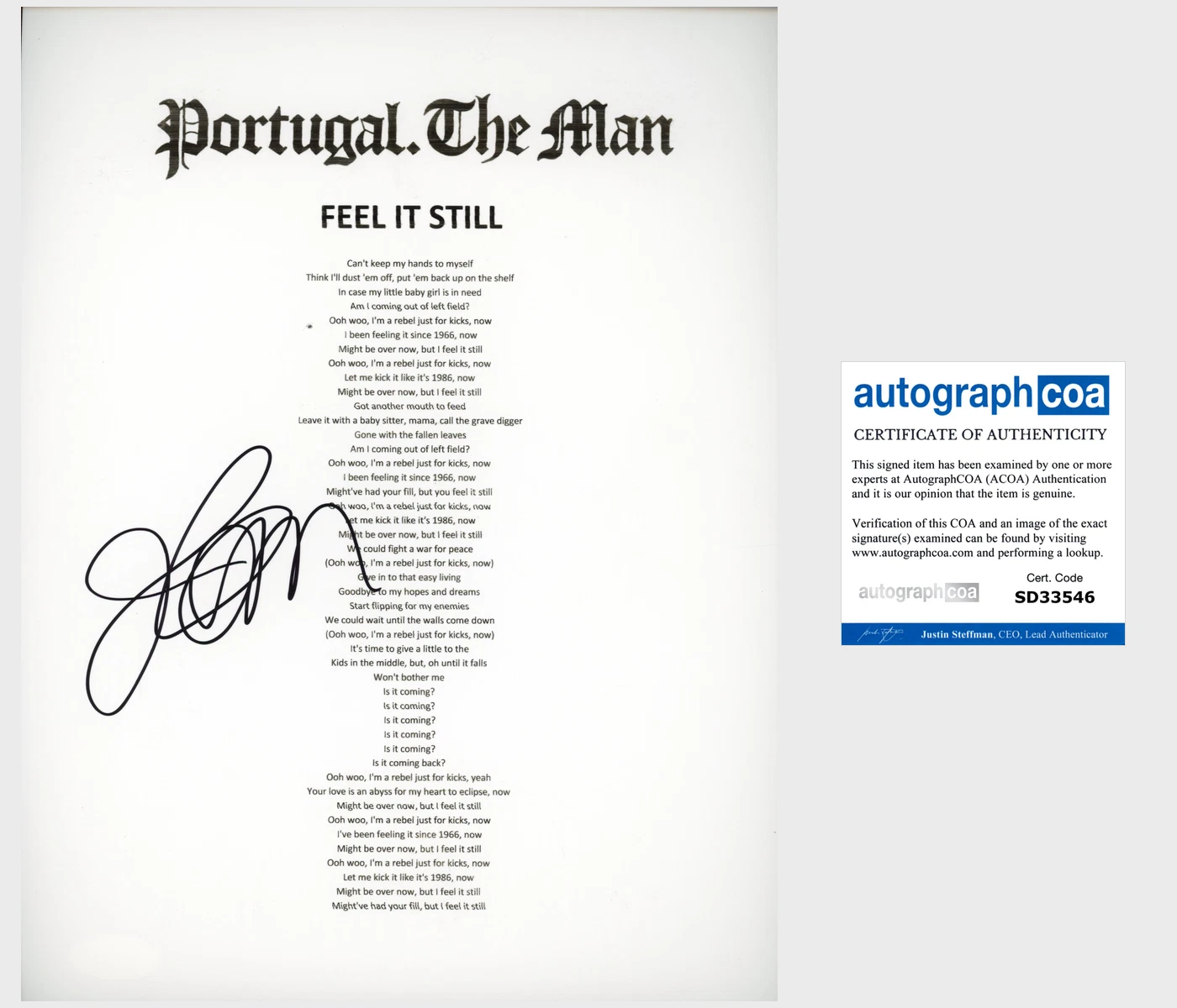 JOHN GOURLEY SIGNED PORTUGAL THE MAN FEEL IT STILL LYRIC SHEET w/EXACT PROOF COA