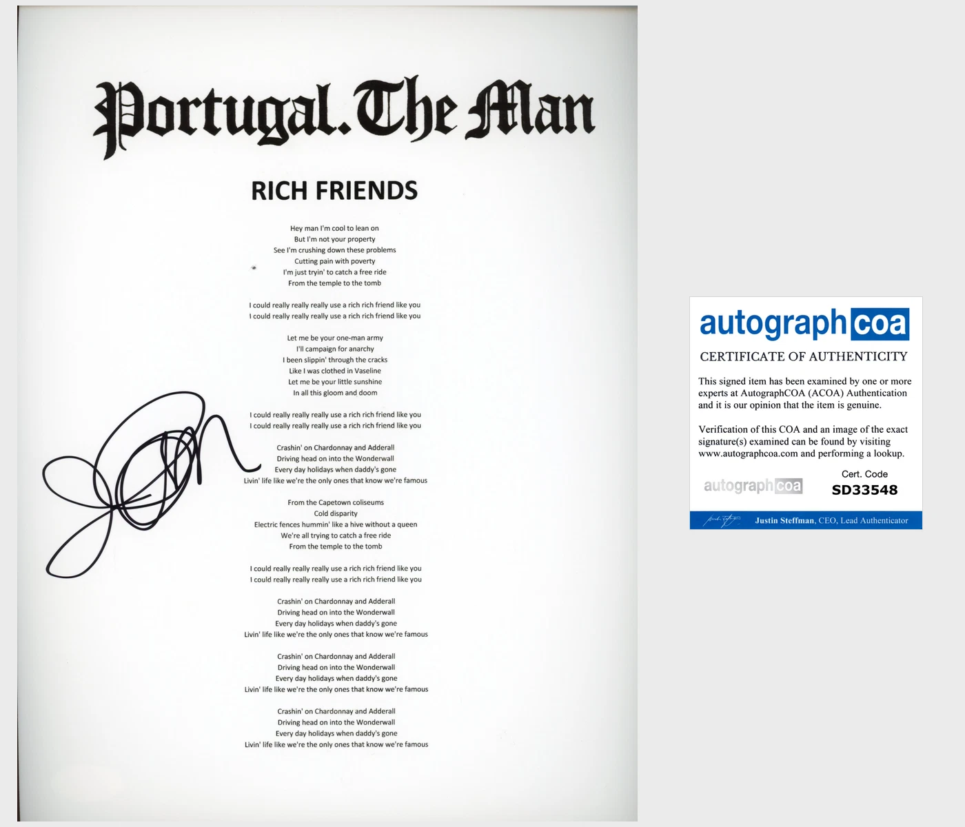 JOHN GOURLEY SIGNED PORTUGAL THE MAN RICH FRIENDS LYRIC SHEET w/EXACT PROOF COA
